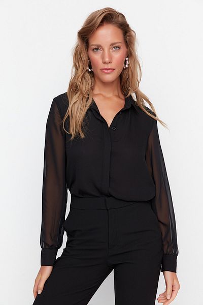 Trendyol Collection Transparentní černá tkaná košile – Regular Fit, TWOAW20GO0116