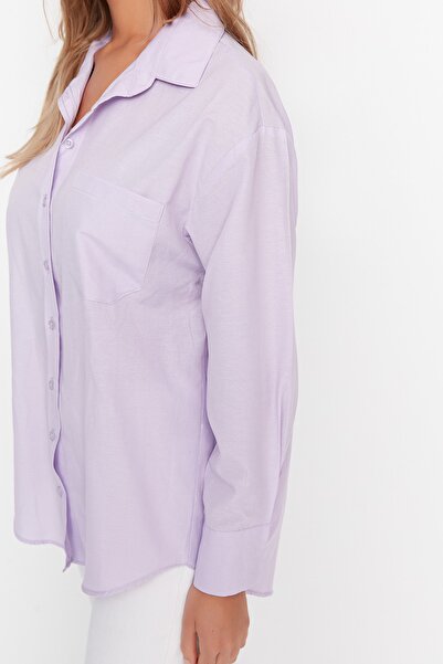 Trendyol Collection Cămașă țesută din bumbac, cu croi boyfriend/larg, cu un singur buzunar, liliac TWOAW20GO0115