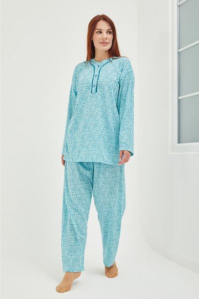 AYSUN TEKSTİL Quality Cotton Fabric Wide Cut Button Collar Green Pajama Set.