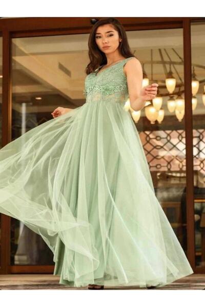 Arin Beli Aplilkli Kolsuz Tül Etek Elbise 38657