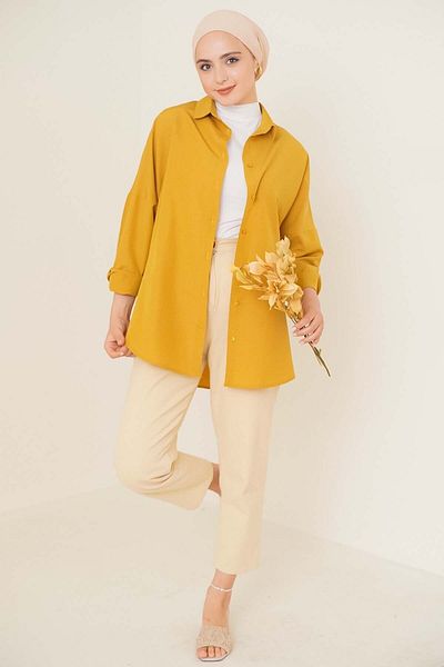 Bigdart 103901 Oversize Basic Hijab Shirt - Μουστάρδα