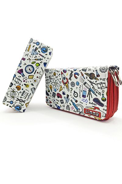 Limmy Pencil Case Science Patterned Kawai Organizer Pencil Case Vegan Leather Three Compartment Pen Holder - Red