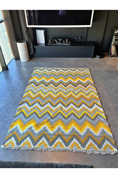 Rugs Modern Halı سجادة قطنية 543 منقوشة بشكل متعرج باللونين الأصفر والرمادي