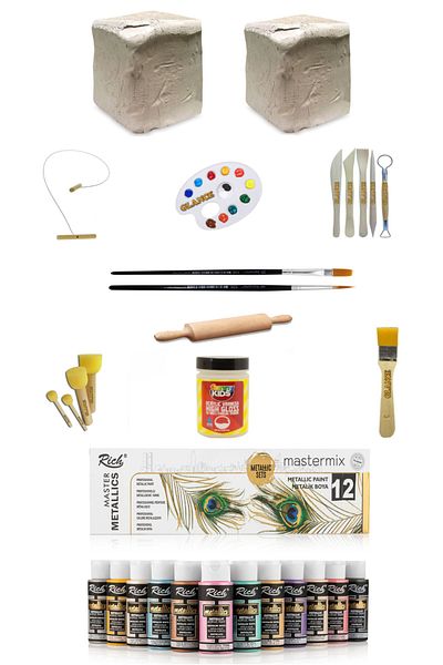 GLANCE Rich Master Mix Ceramic Plasticine - 6X2 Kg, 60Cc, Acrylic 12Pcs Metallic Color Pompom-Wood-Roller Art Set
