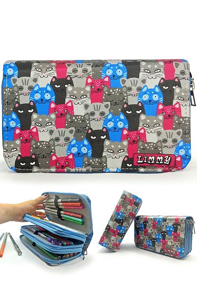Limmy Trusa pentru creion Cute Cat Kawai Organizator Pen Box din piele vegană Suport stilou cu trei compartimente - Albastru