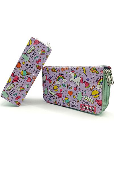 Limmy Μολυβοθήκη Unicorn-flamingo Kawai Organizer Θήκη στυλό Vegan Δερμάτινη θήκη τριών θέσεων - Πράσινη