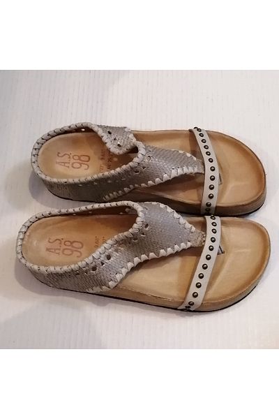 AS 98 Women's Genuine Leather Sequined Beige Handmade Spiral Leather Ribbed Padding Leather Sole Flip Flops