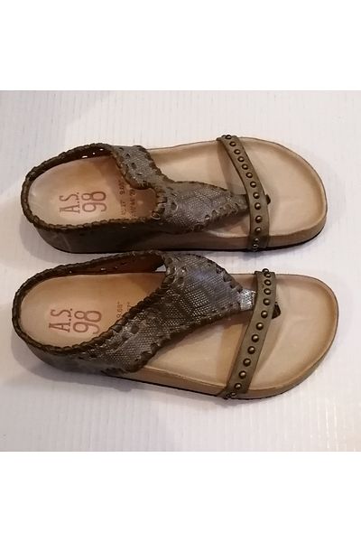 AS 98 Women's Genuine Leather Print Pattern Khaki Handmade Spiral Leather Ribbed Wedge Sole Flip Flops