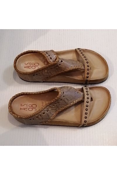 AS 98 Women's Genuine Leather Print Pattern Beige Handmade Spiral Leather Ribbed Padding Leather Sole Flip Flops