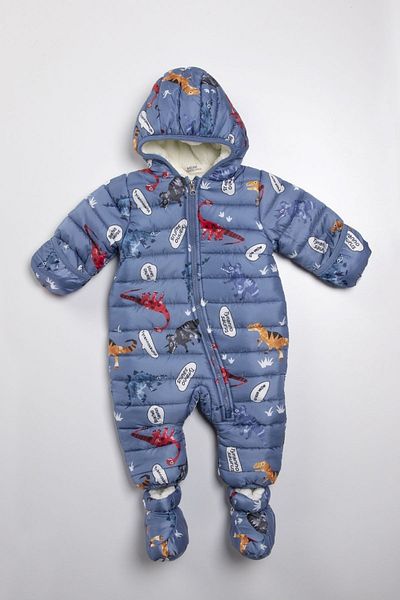 PODİUM GİYİM Dinosaur Patterned Indigo Winter Hooded Cosmonaut Jumpsuit with Removable Feet and Hidden Gloves