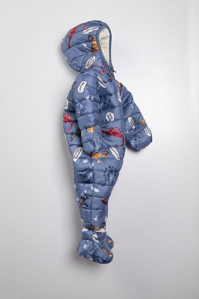 PODİUM GİYİM Dinosaur Patterned Indigo Winter Hooded Cosmonaut Jumpsuit with Removable Feet and Hidden Gloves