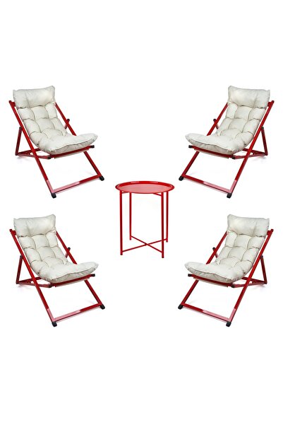 HUNDEMİR Minderli - Minny Şezlong Seti Bahçe&balkon&teras&plaj Katlanır Dörtlü Set - 4 Şezlong 1 Sehpa