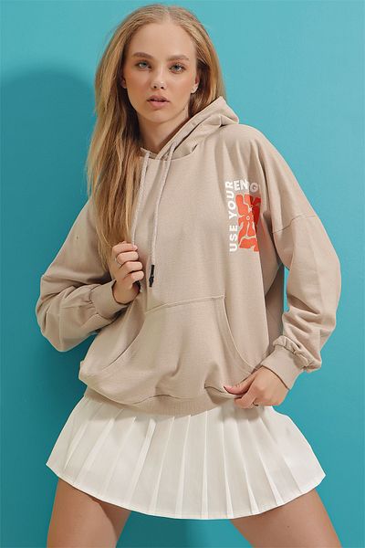 Trend Alaçatı Stili Sweatshirt - Beige - Oversize