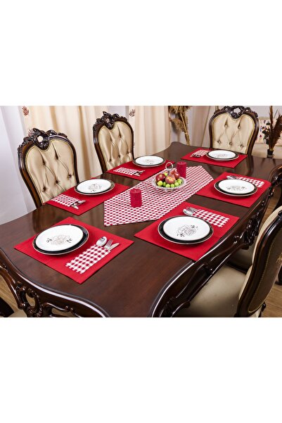 Tropikhome Kırmızı Amerikan Servis Supla Ekose Desenli Runner Set 6 Kişilik Kırmızı Ekose Sunum Takımı