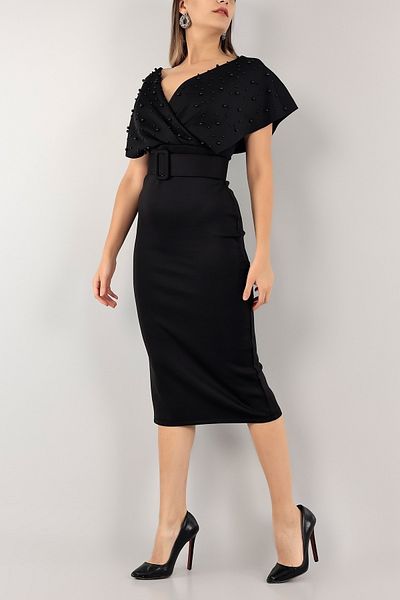 NKTCOLLECTİON Women's Black Pearl Double Breasted Collar Scuba Evening Dress122303