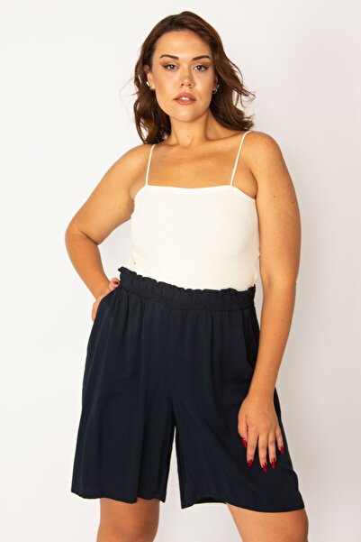 Şans Dámské kalhoty z tkané viskózové látky v námořnické modré s elastickým pasem a krajkovými detaily a bočními kapsami 65n33983