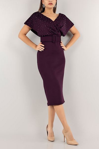 NKTCOLLECTİON Women's Purple Pearl Double Breasted Collar Scuba Evening Dress122306