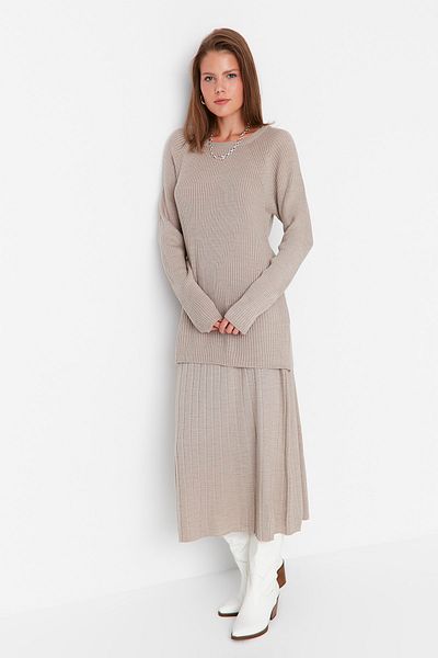 Trendyol Modest Mink Corded Sweater-Skirt Knitwear Set TCTAW23US00085