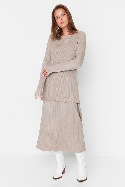 Trendyol Modest Mink Corded Sweater-Skirt Knitwear Set TCTAW23US00085