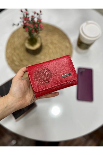 DERKON Small Convenient Genuine Leather Red Wallet That Can Fit in Every Bag with Flowers of Life