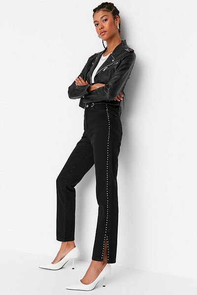 Trendyol Collection Blugi drepți cu talie înaltă cu detaliu Troc negri TWOAW23JE00126