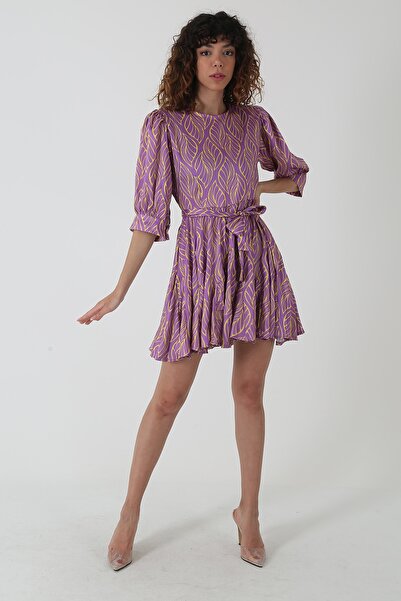 Soury Shop Saten Desenli Mini Elbise