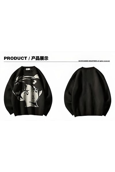 Touz Anime Girl &amp; Boy Harajuku Vintage Streetwear Pulover Unisex Negru Tricotaj