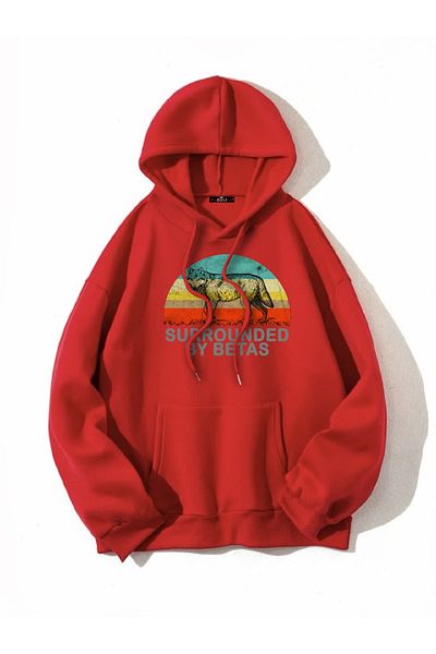 Buğraterzimoda Wolf Printed Unisex Κόκκινο Φούτερ με κουκούλα με τσέπη καγκουρό