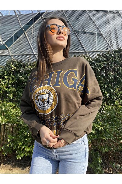 Jose Clothing Γυναικείο φούτερ με στάμπα με τρία νήματα σε χακί χρώμα Oversize Crew Neck Michigan