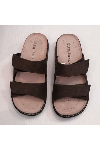 D By Divarese Unisex Genuine Leather Nubuck Brown Double Banded Velcro Leather Inner Polyurethane Sole Slippers