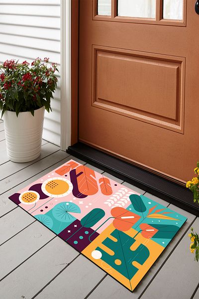 Vagonik Geometric Flower Patterned Digital Printed 50x70cm Decorative Multi-Purpose Indoor and Outdoor Door Mat
