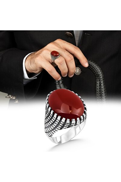 Argento Silver 925 Ayar Gümüş Erkek Yüzük Kırmızı Akik Taşlı