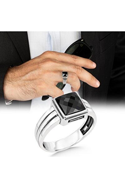 Argento Silver 925 Ayar Gümüş Erkek Yüzük Faset Kesim Siyah Zirkon Taşlı
