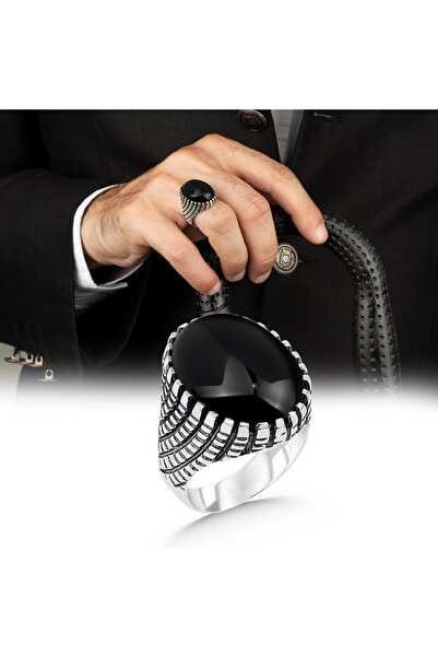 Argento Silver 925 Ayar Gümüş Erkek Yüzük Siyah Oniks Taşlı