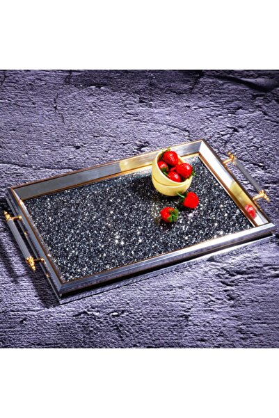 Kosova Tepsi Lüx Kulplu Dikdörtgen Kulplu Taşlı Gümüş-gold Ga-585