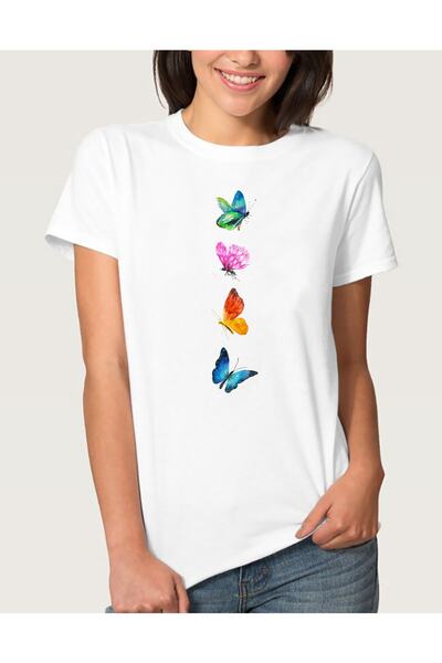 QIVI Tricou alb pentru femei Watercolor Butterflys
