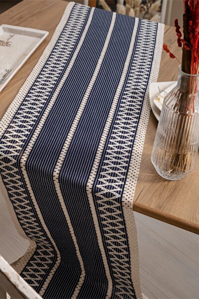 vivamaison Cotton Lace Navy Blue 35x145 Cm Runner Table Cloth