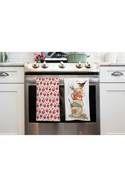 Erays Home طقم مناشف يد للمطبخ مطبوع بنمط كب كيك وطيور مكون من قطعتين