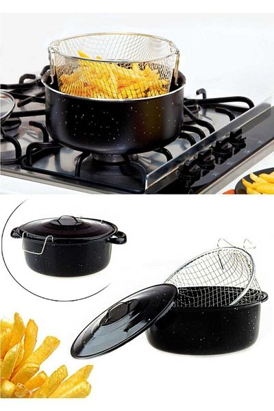 Bayev Enameled with Lid 25 Cm Chips Fryer Frying Pot Black