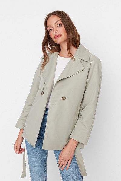 Trendyol Collection Mintfarbener, übergroßer Trenchcoat mit Windjacke und Gürtel vorne, Detail TWOSS22TR0021