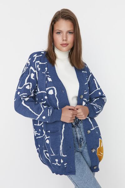 Trendyol Modest Pletené zboží Indigo Animal Patterned Cardigan - TCTAW22TH0135