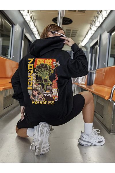 DEEPSENCE Black Women's Hooded Sweatshirt Broccoli Back Print