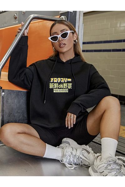 DEEPSENCE Black Women's Hooded Sweatshirt Broccoli Back Print