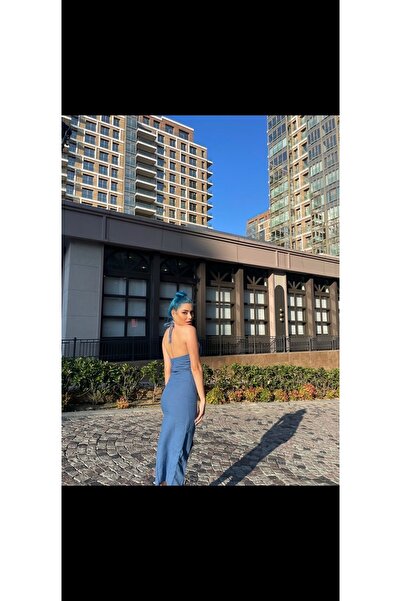 LOCH BUTİK Kadın Yaka Boncuk Detaylı Mavi Pamuk Keten Elbise