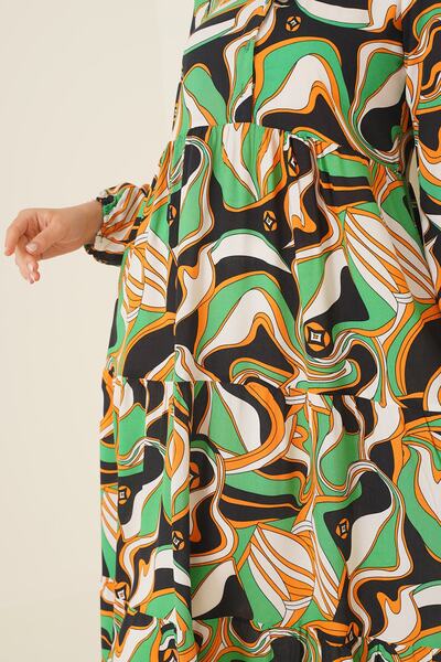 Bigdart 2358 Wspaniała wzorzysta sukienka z kołnierzykiem - Zielona