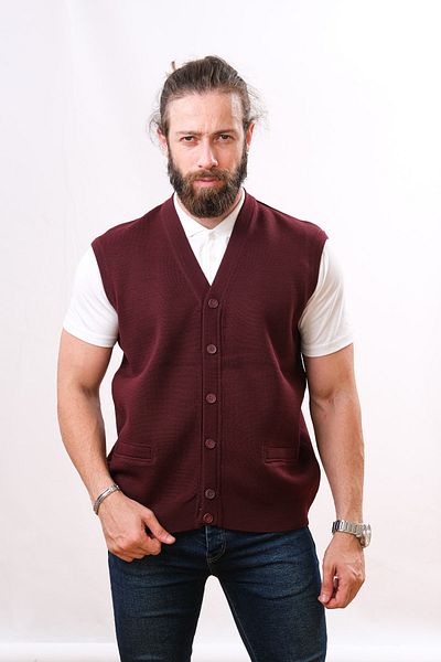 Çukurova Wool Steel Knit Sleeveless Knitwear Vest - Claret Red