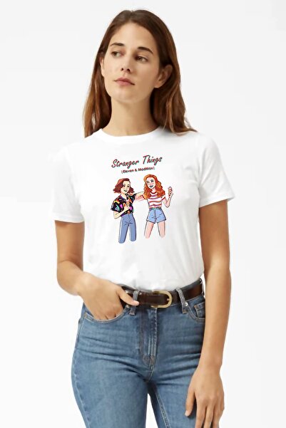 QIVI Tricou alb pentru femei Stranger Things Eleven & Madmax