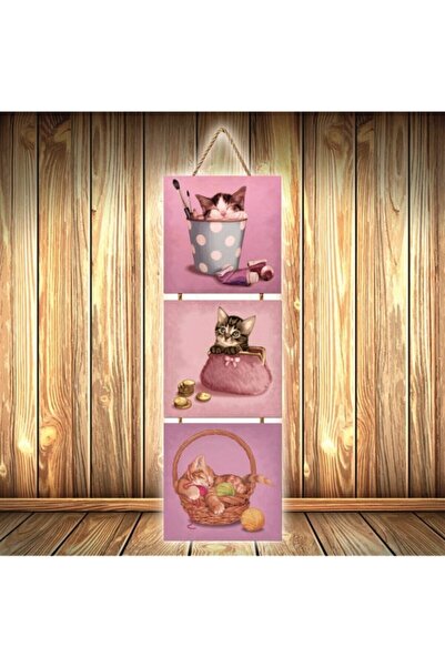 hazalshop Τριπλή ρετρό ξύλινη αφίσα με σχέδιο γάτας Ü492