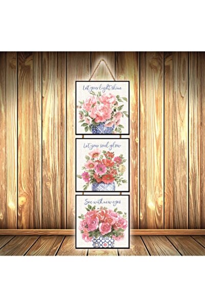 hazalshop Τριπλή ρετρό ξύλινη αφίσα με σχέδιο ροζ τριαντάφυλλων Ü365