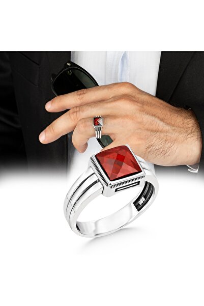 Argento Silver 925 Ayar Gümüş Erkek Yüzük Faset Kesim Kırmızı Zirkon Taşlı